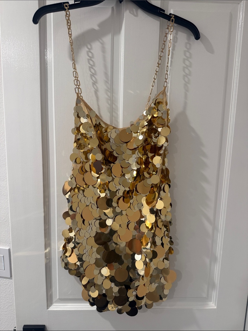 naked wardrobe Gold Sequin Mini Dress with Chain Straps